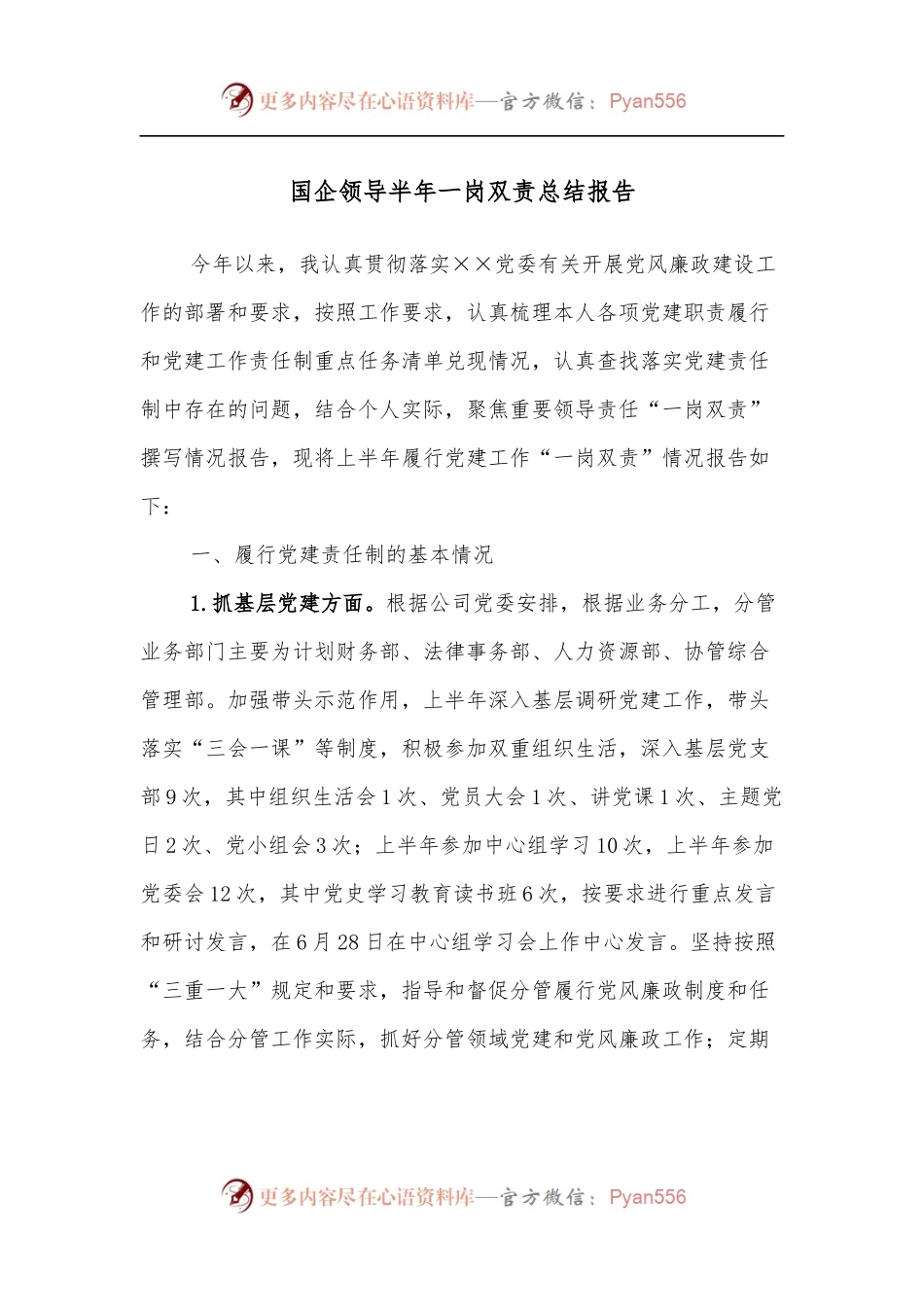 国企领导半年一岗双责总结报告.docx_第1页