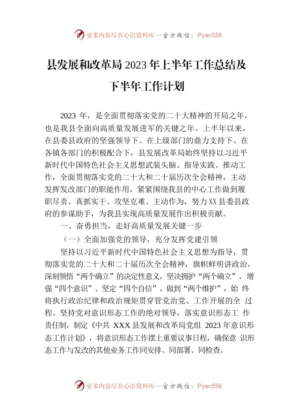 县发展和改革局2023年上半年工作总结及下半年工作计划（20230630）.docx_第1页