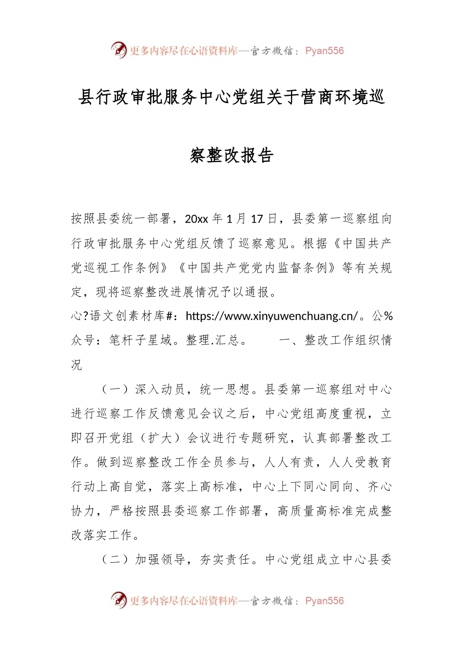 县行政审批服务中心党组关于营商环境巡察整改报告.docx_第1页