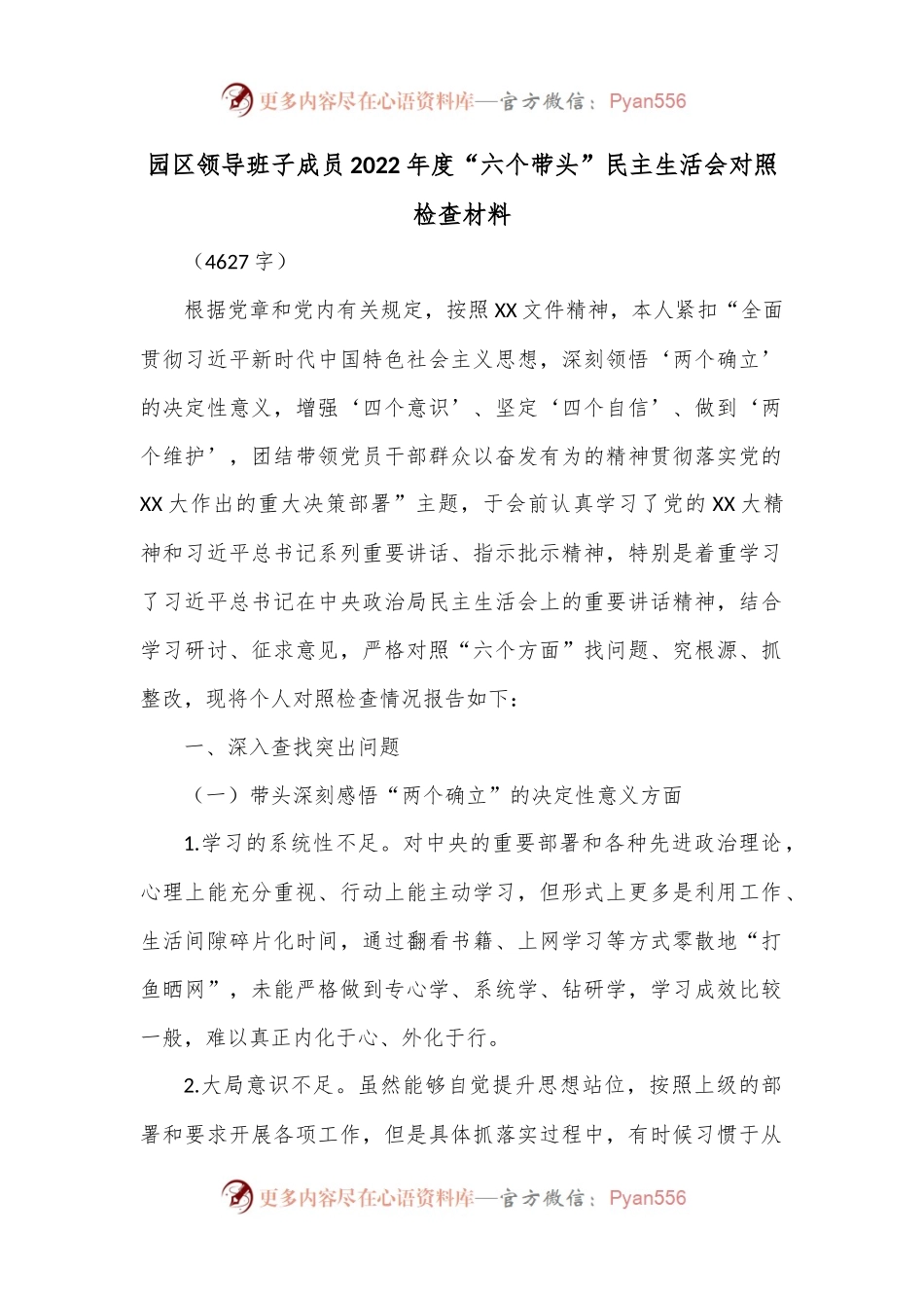 园区领导班子成员2022年度“六个带头”民主生活会对照检查材料.docx_第1页