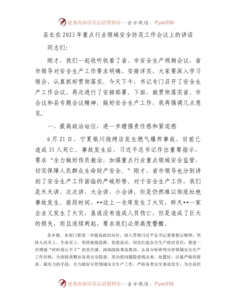 县长在2023年重点行业领域安全防范工作会议上的讲话.docx_第1页