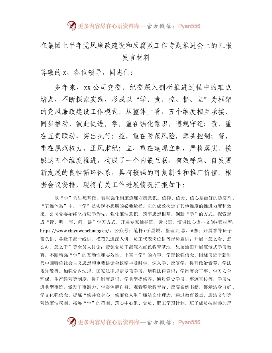 国企上半年党风廉政建设和反腐败工作专题推进会上的汇报发言（总结3300字）.docx_第1页