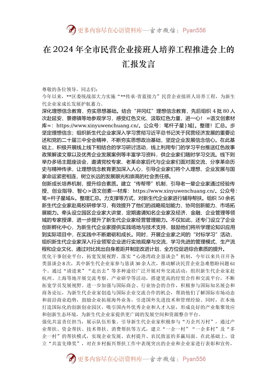 在2024年全市民营企业接班人培养工程推进会上的汇报发言.docx_第1页