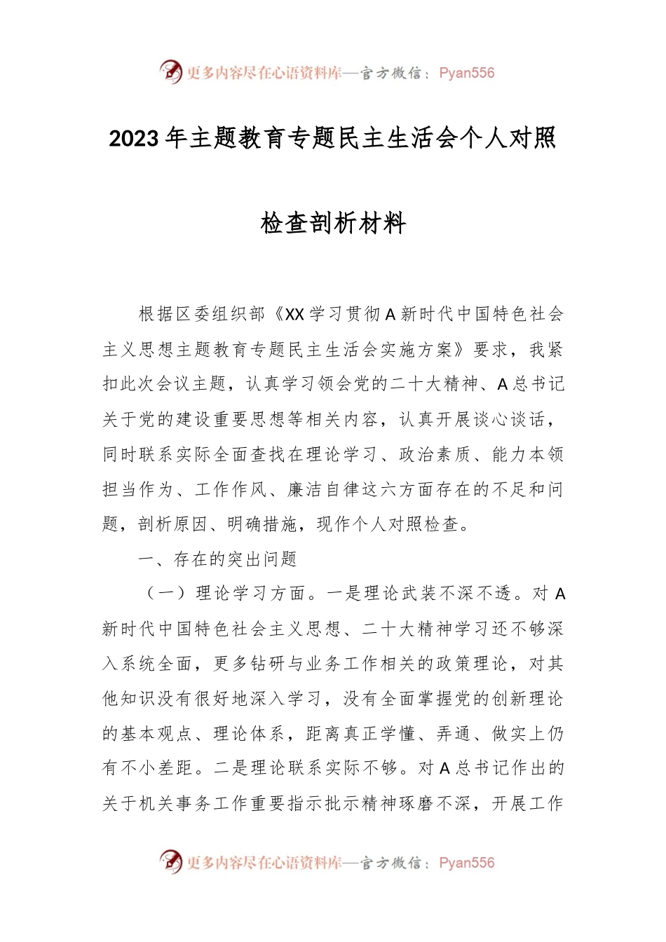 在2023年主题教育专题 民主生活会个人对照检查剖析材料.docx_第1页