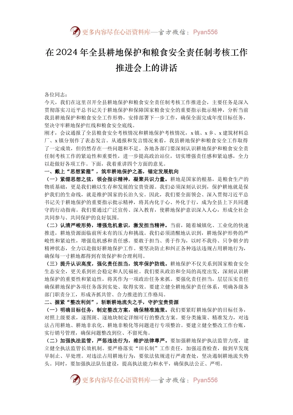 在2024年全县耕地保护和粮食安全责任制考核工作推进会上的讲话.docx_第1页