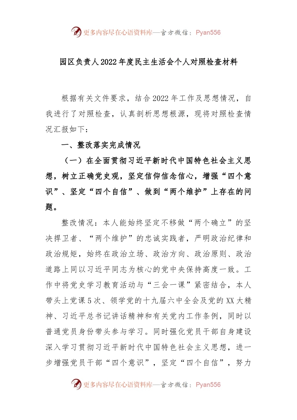园区负责人2022年度民主生活会个人对照检查材料.docx_第1页