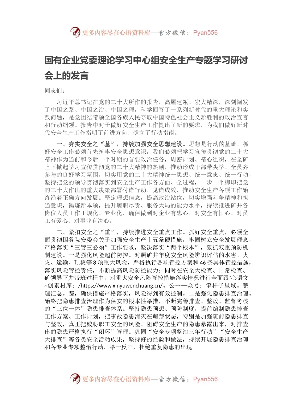 国有企业党委理论学习中心组安全生产专题学习研讨会上的发言.docx_第1页