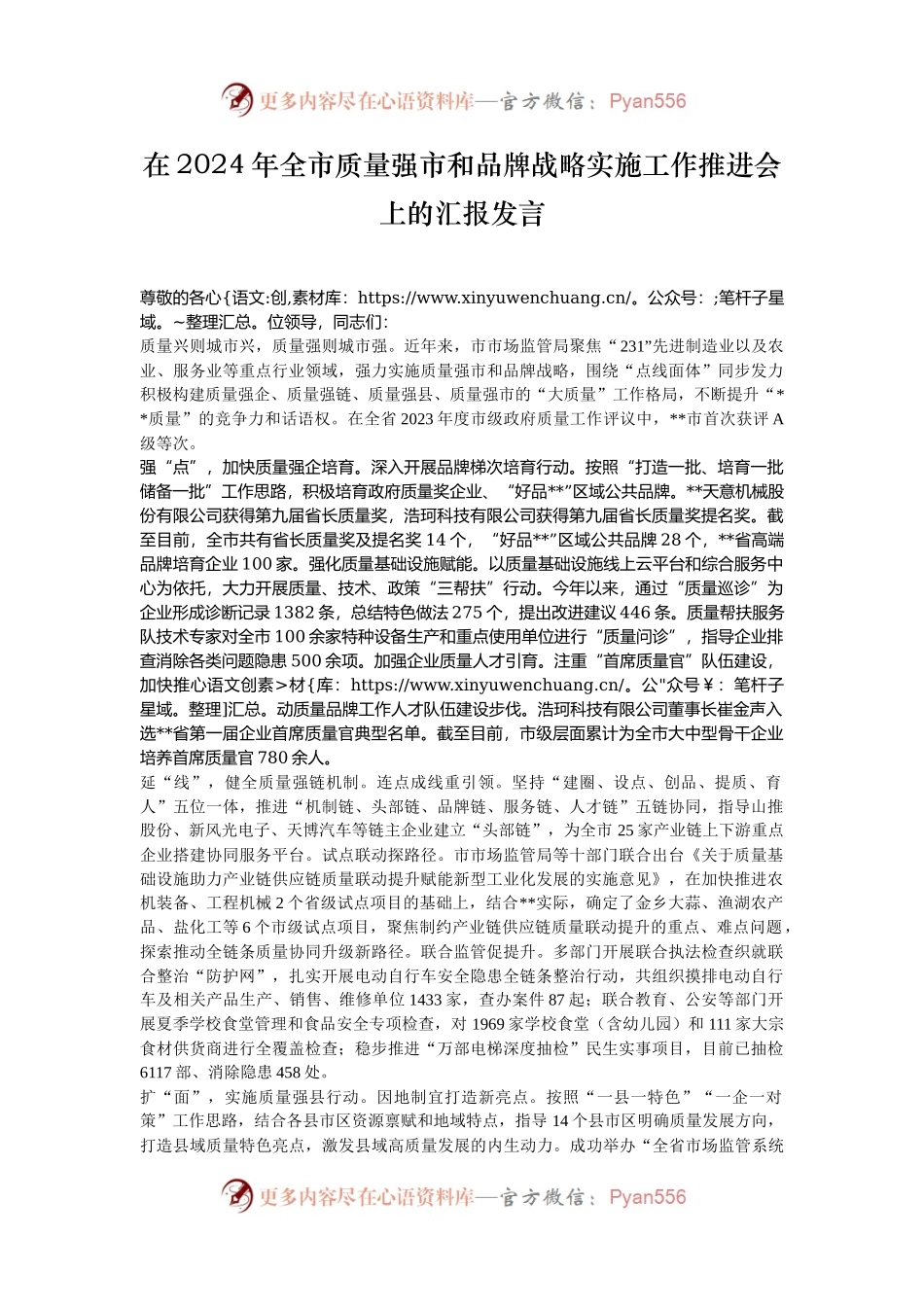在2024年全市质量强市和品牌战略实施工作推进会上的汇报发言.docx_第1页