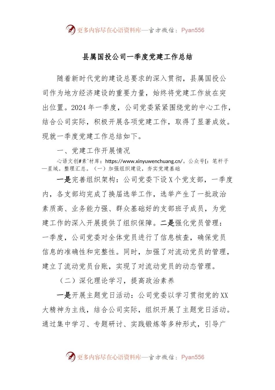 县属国投公司一季度党建工作总结.docx_第1页