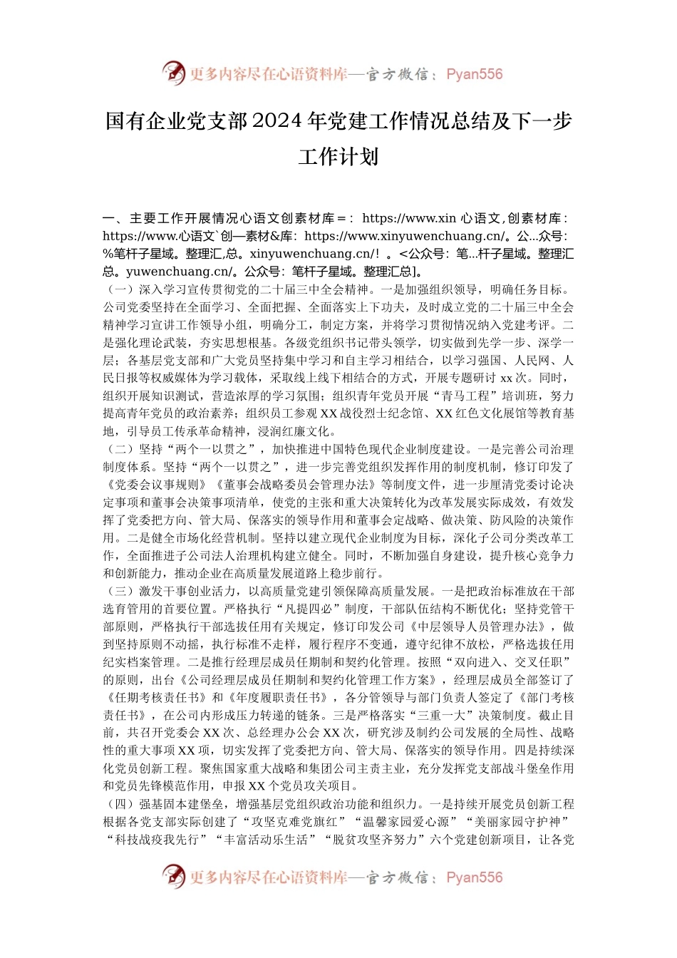 国有企业党支部2024年党建工作情况总结及下一步工作计划.docx_第1页