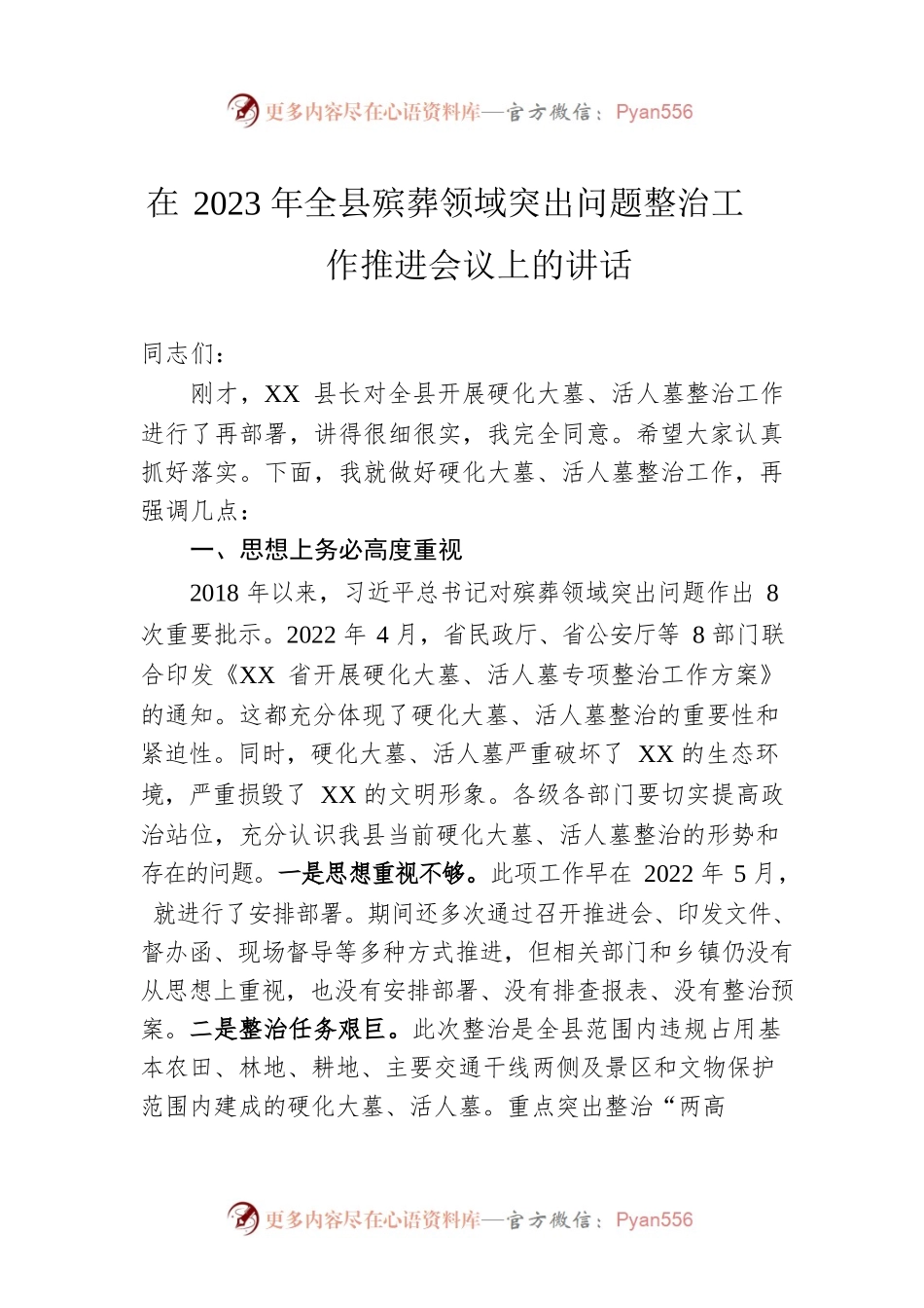 在2023年全县殡葬领域突出问题整治工作推进会议上的讲话.docx_第1页