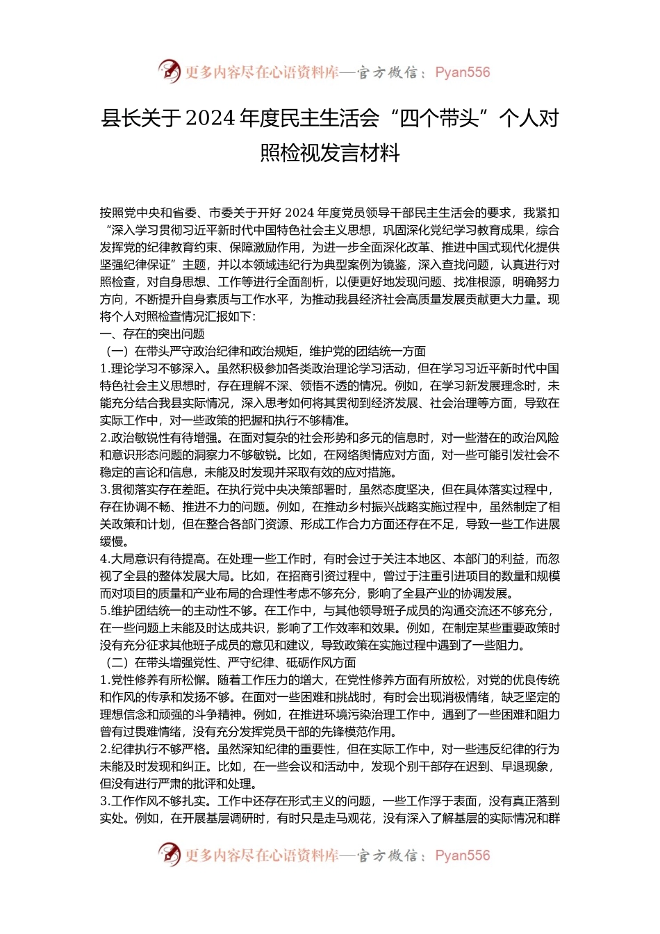 县长关于2024年度民主生活会“四个带头”个人对照检视发言材料.docx_第1页