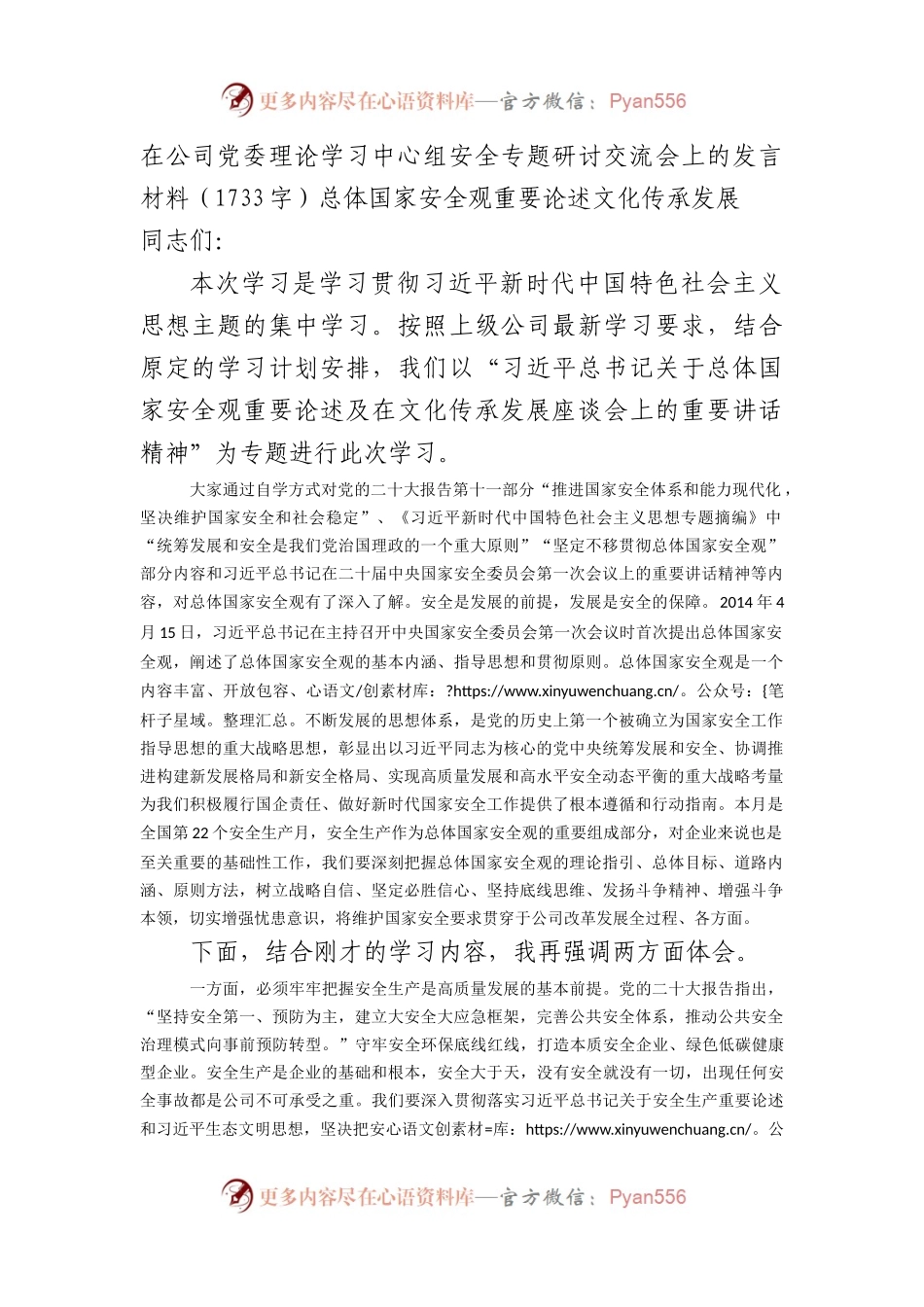 发言材料（总体国家安全观重要论述 文化传承发展）.docx_第1页