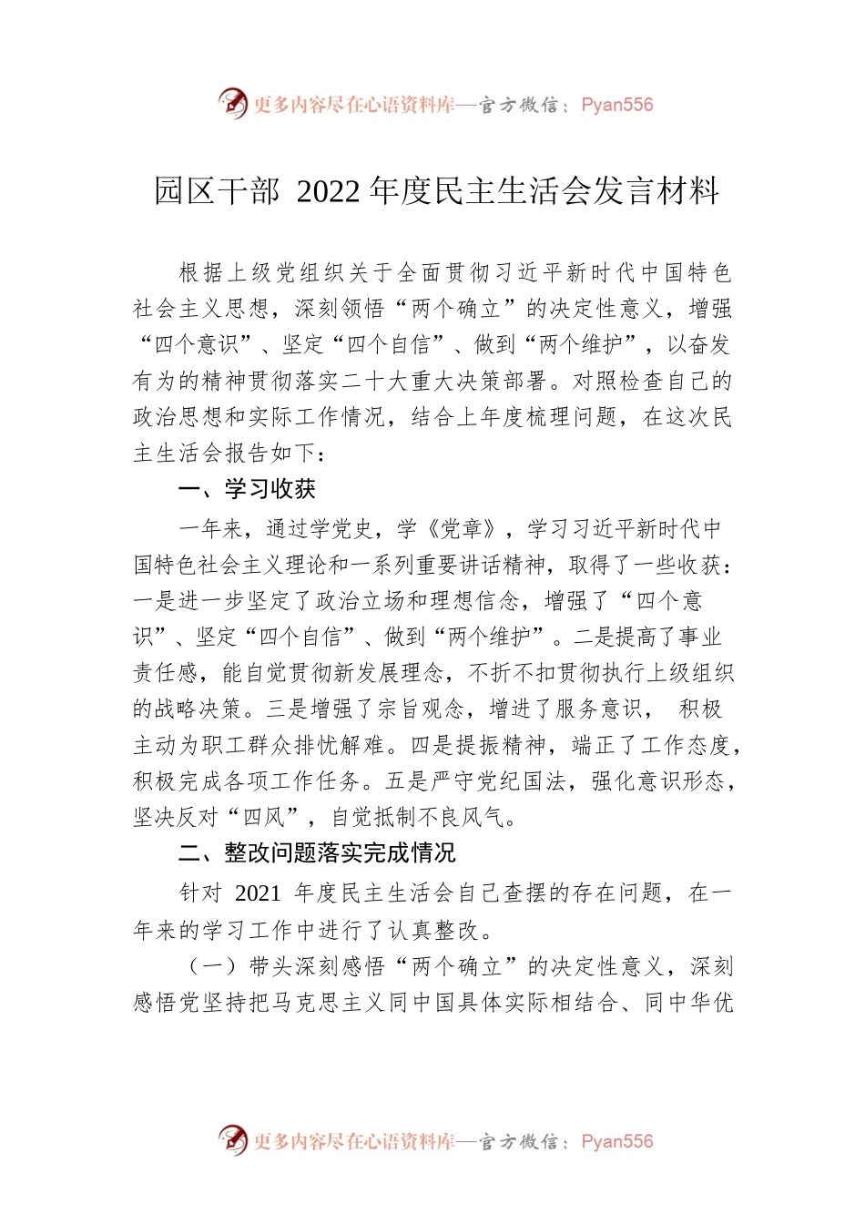 园区干部2022年度民主生活会发言材料.docx_第1页