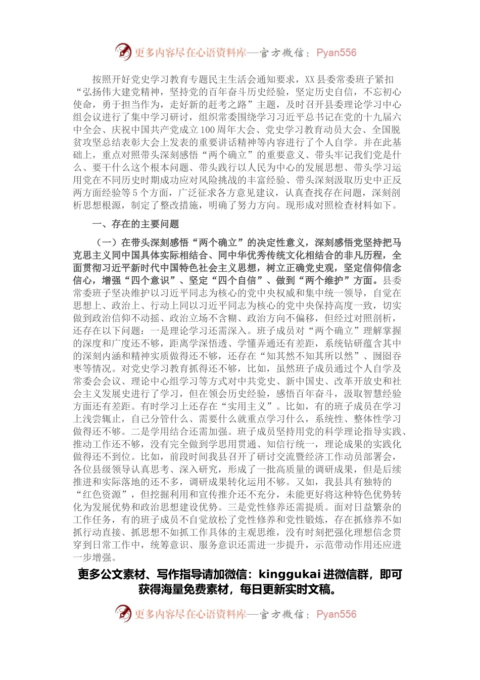 县领导班子党史学习教育专题民主生活会对照检查材料.docx_第1页