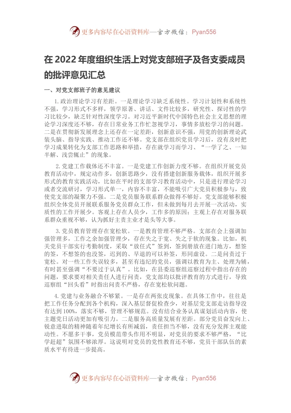 在2022年度组织生活上对党支部班子及各支委成员的批评意见汇总.docx_第1页