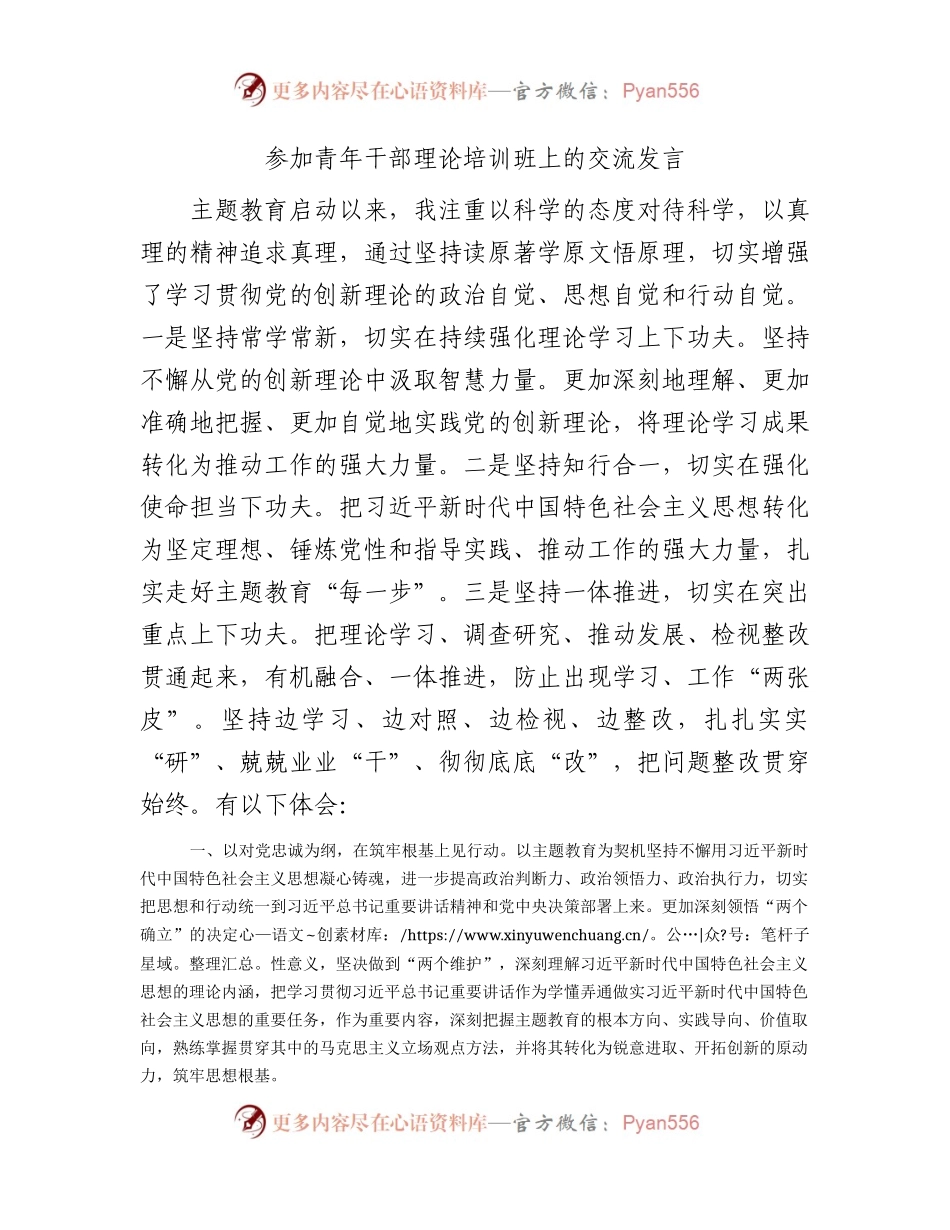 参加青年干部主题教育理论培训班上的交流研讨发言1600字.docx_第1页