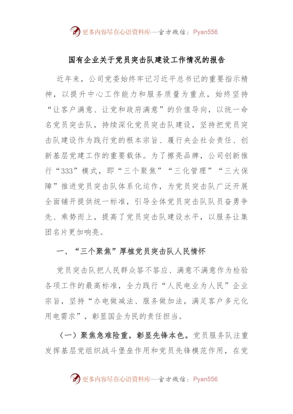 国有企业关于党员突击队建设工作情况的报告.docx_第1页