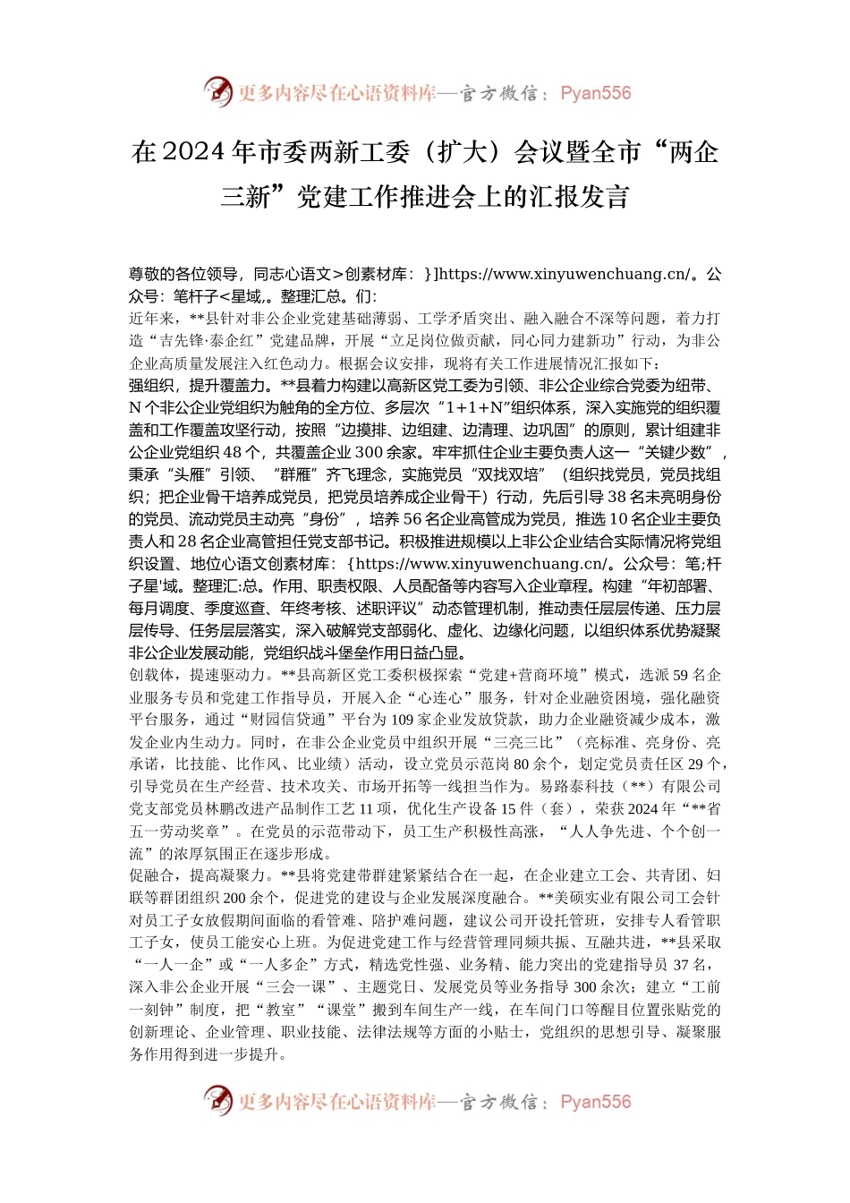 在2024年市委两新工委（扩大）会议暨全市“两企三新”党建工作推进会上的汇报发言.docx_第1页