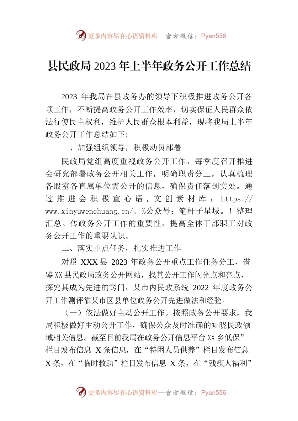 县民政局2023年上半年政务公开工作总结（20230707）.docx_第1页