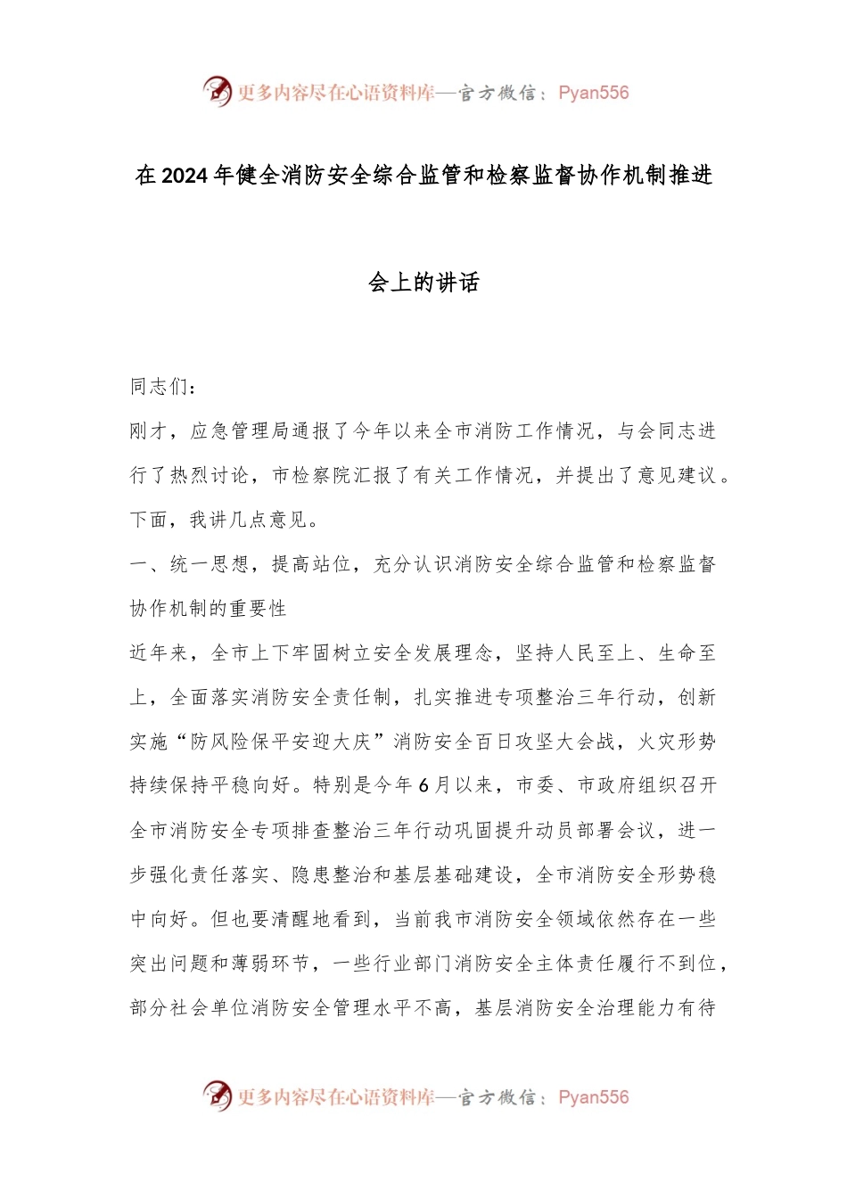 在2024年健全消防安全综合监管和检察监督协作机制推进会上的讲话.docx_第1页
