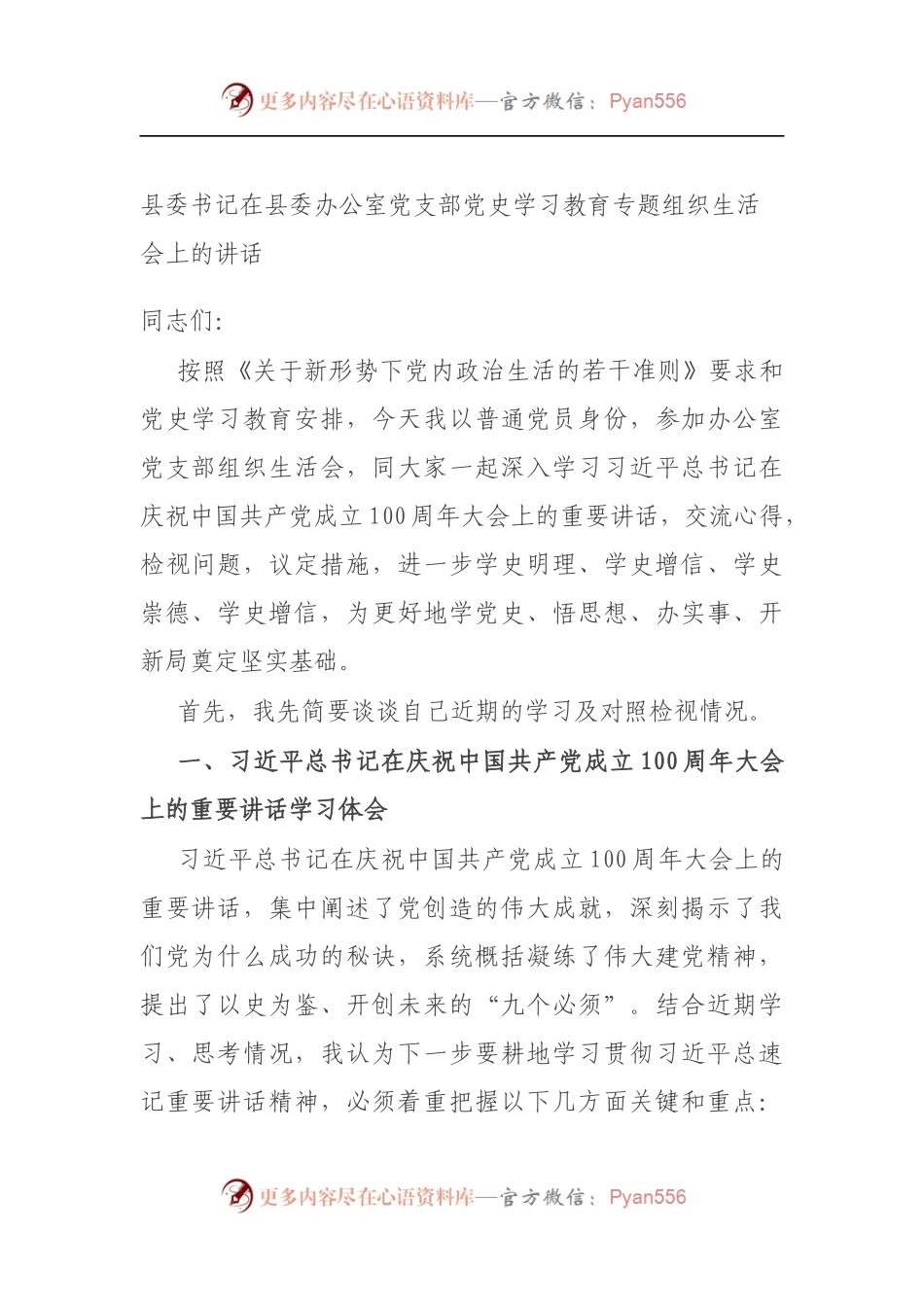 县委书记在县委办公室党支部党史学习教育专题组织生活会上的讲话（5）.docx_第1页