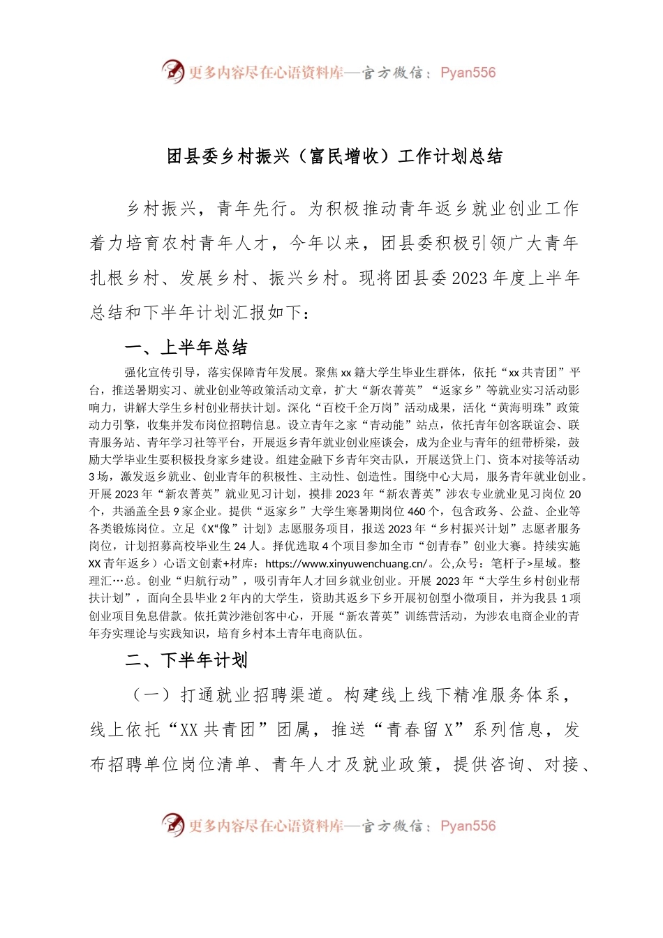 团县委乡村振兴（富民增收）工作计划总结.docx_第1页