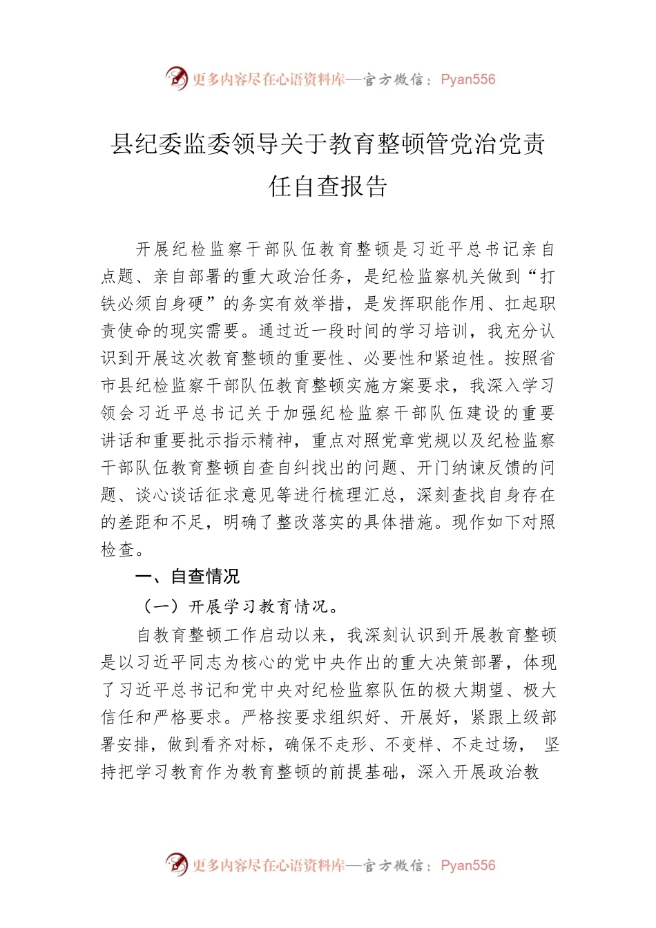 县纪委监委领导关于教育整顿管党治党责任自查报告.docx_第1页