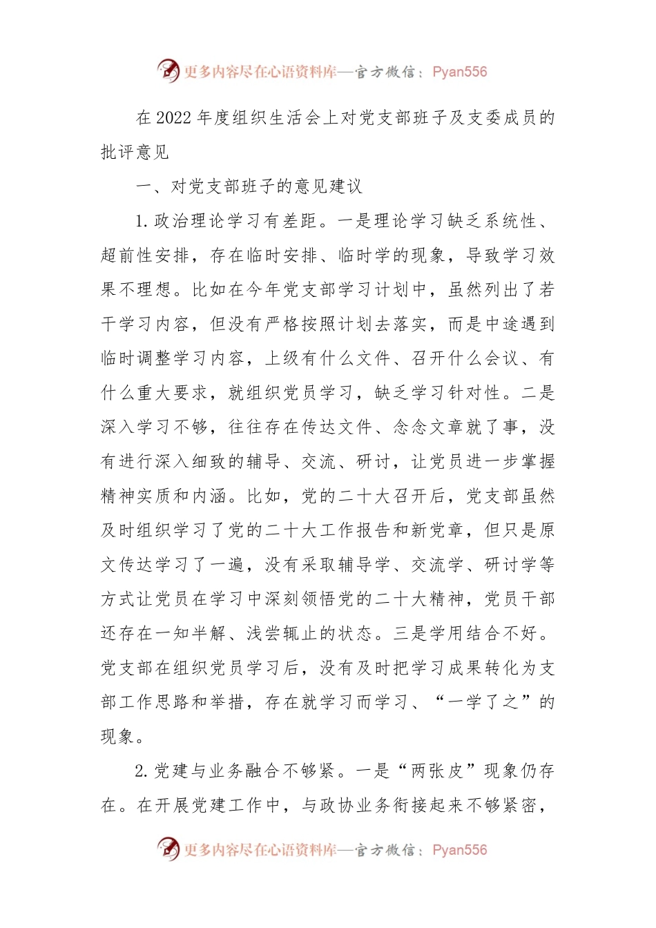 在2022年度组织生活会上对党支部班子及支委成员的批评意见.docx_第1页