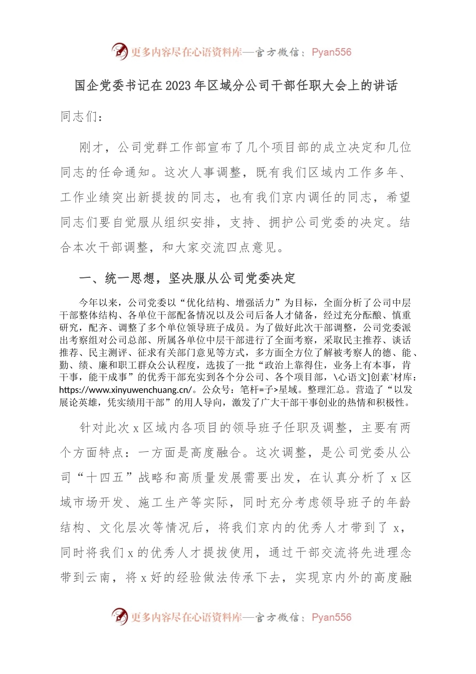 国企党委书记在2023年区域分公司干部任职大会上的讲话.docx_第1页