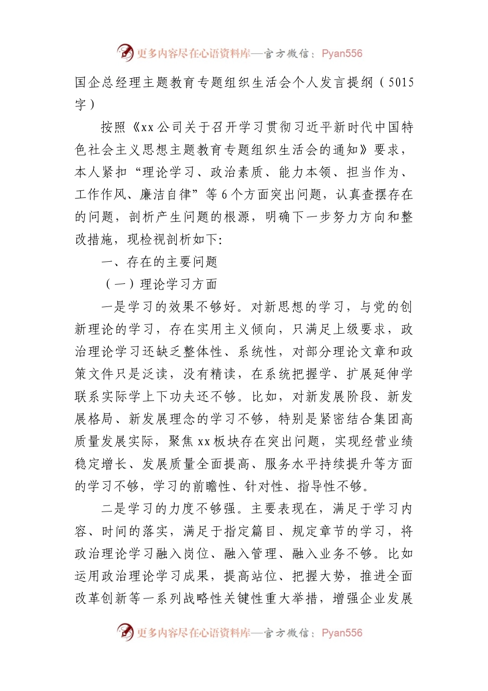 国企总经理主题教育专题组织生活会个人发言提纲.docx_第1页