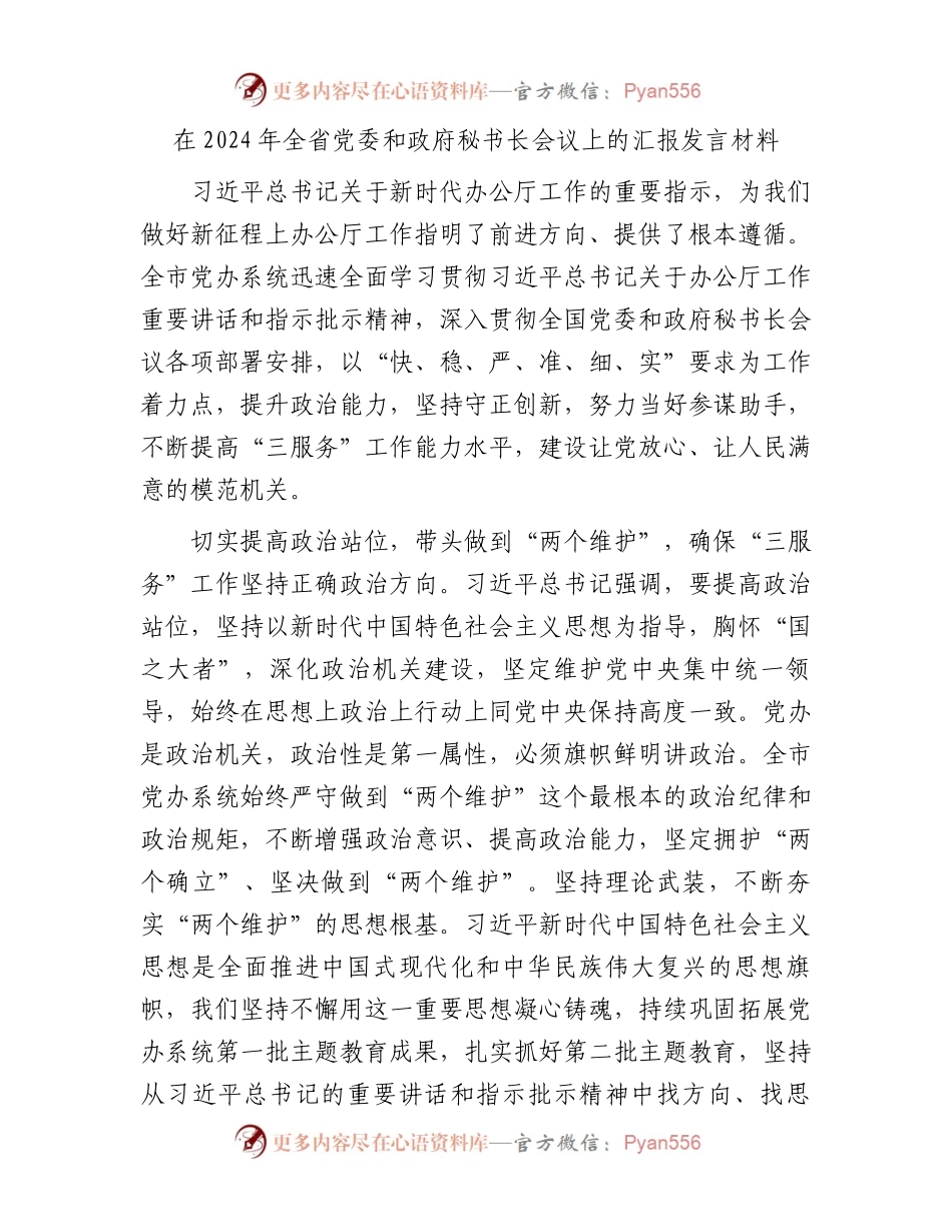 在2024年全省党委和政府秘书长会议上的汇报发言材料.docx_第1页