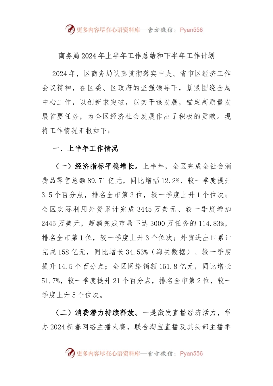 商务局2024年上半年工作总结和下半年工作计划.docx_第1页