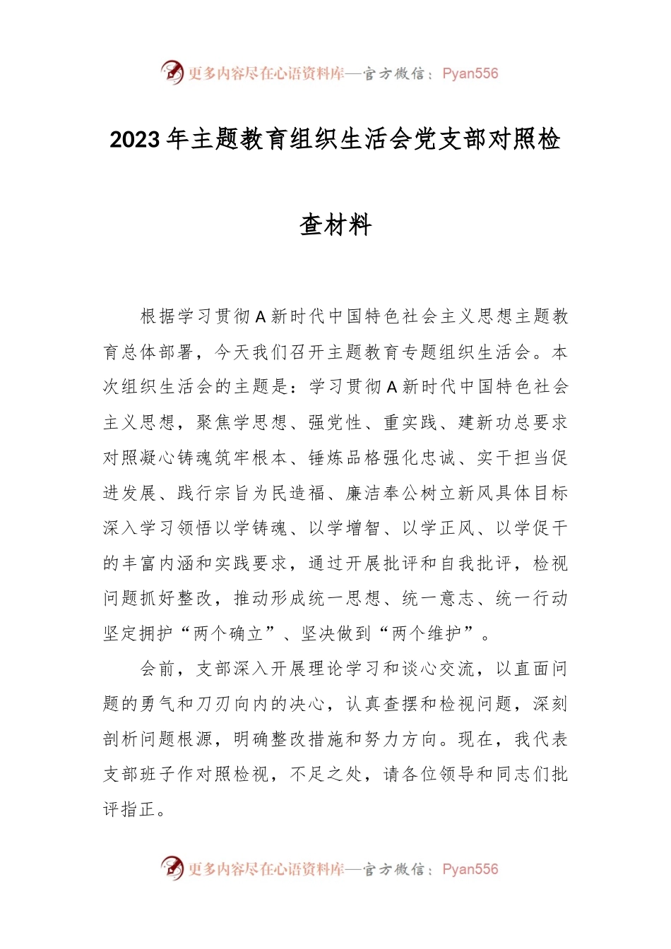 在2023年主题教育组织生活会 党支部对照检查材料.docx_第1页