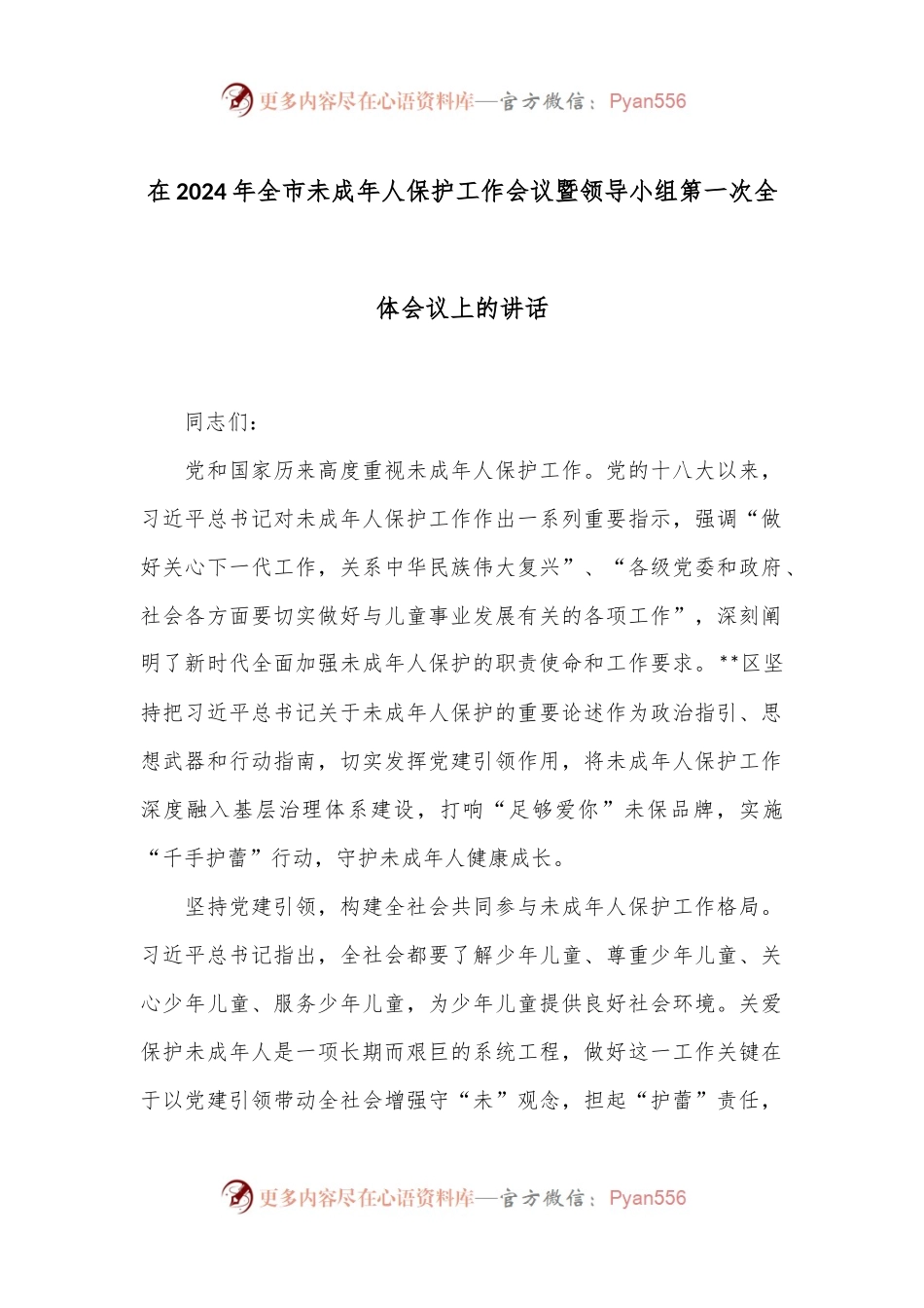 在2024年全市未成年人保护工作会议暨领导小组第一次全体会议上的讲话.docx_第1页