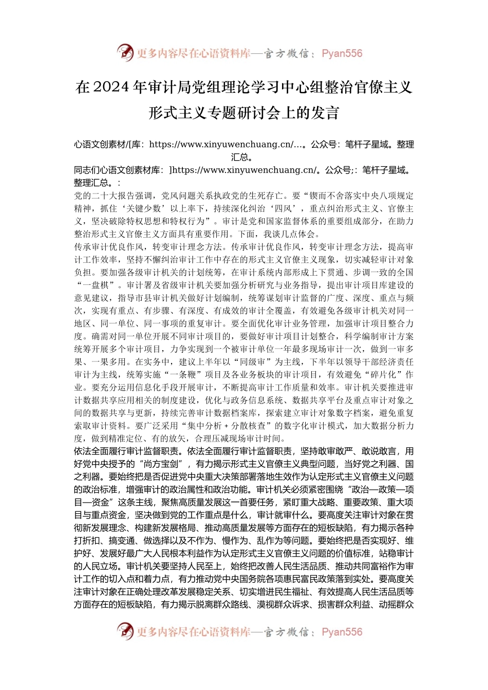 在2024年审计局党组理论学习中心组整治官僚主义形式主义专题研讨会上的发言.docx_第1页