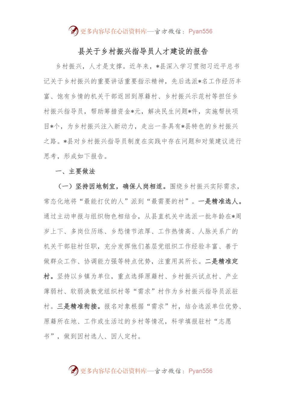 县关于乡村振兴指导员人才建设的报告.docx_第1页