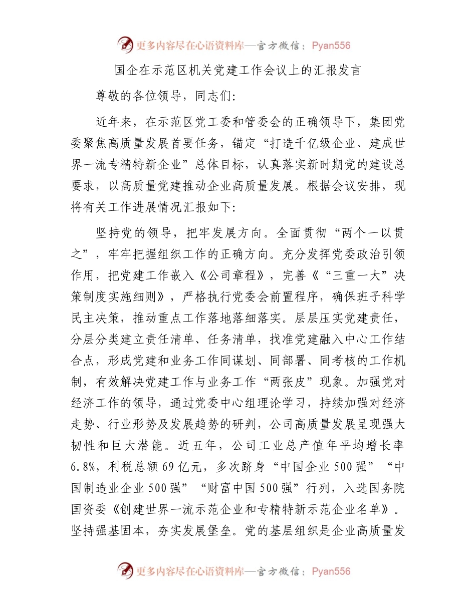 国企在示范区机关党建工作会议上的汇报发言.docx_第1页