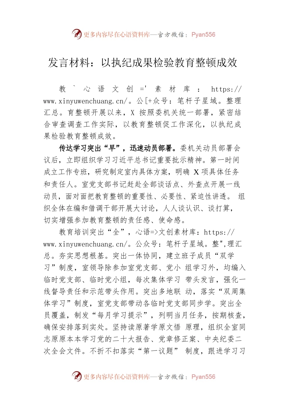 发言材料：以执纪成果检验教育整顿成效.docx_第1页