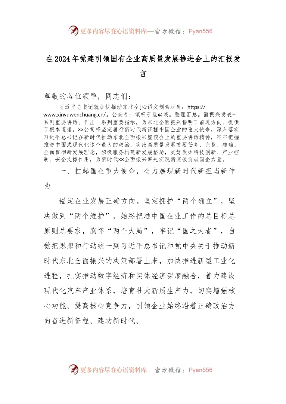 在2024年党建引领国有企业高质量发展推进会上的汇报发言.docx_第1页