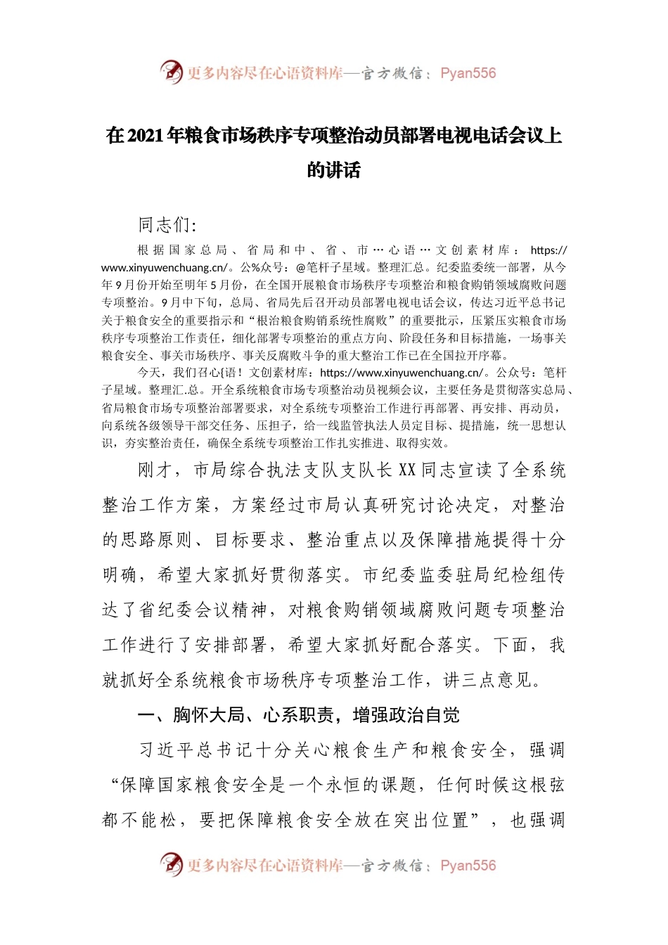 在2021年粮食市场秩序专项整治动员部署电视电话会议上的讲话.docx_第1页