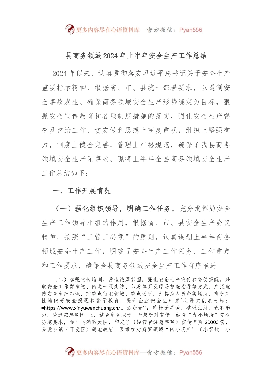 县商务领域2024年上半年安全生产工作总结.docx_第1页