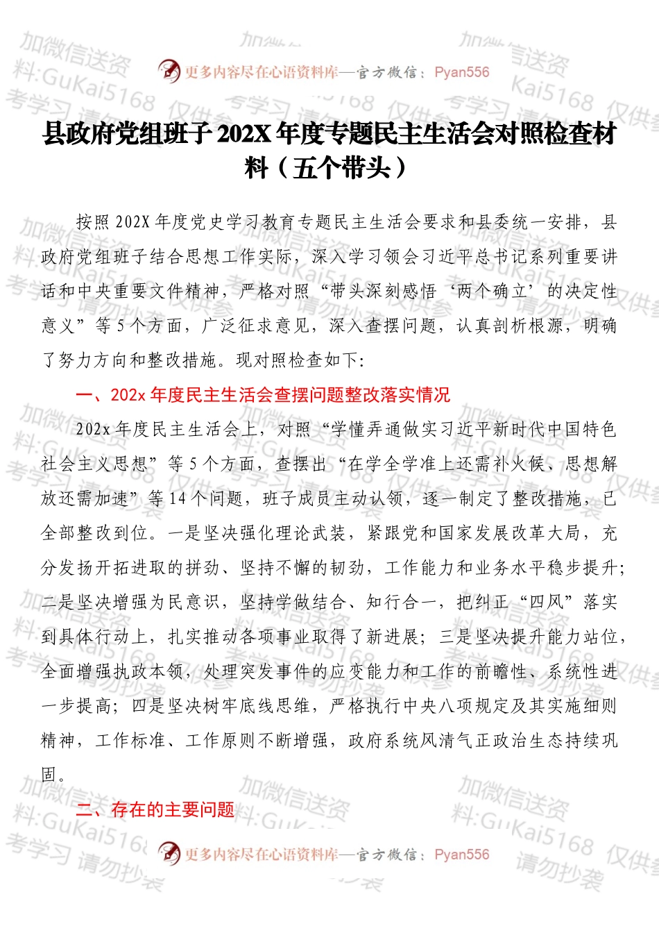 县政府党组班子202X年度专题民主生活会对照检查材料（五个带头）.docx_第1页
