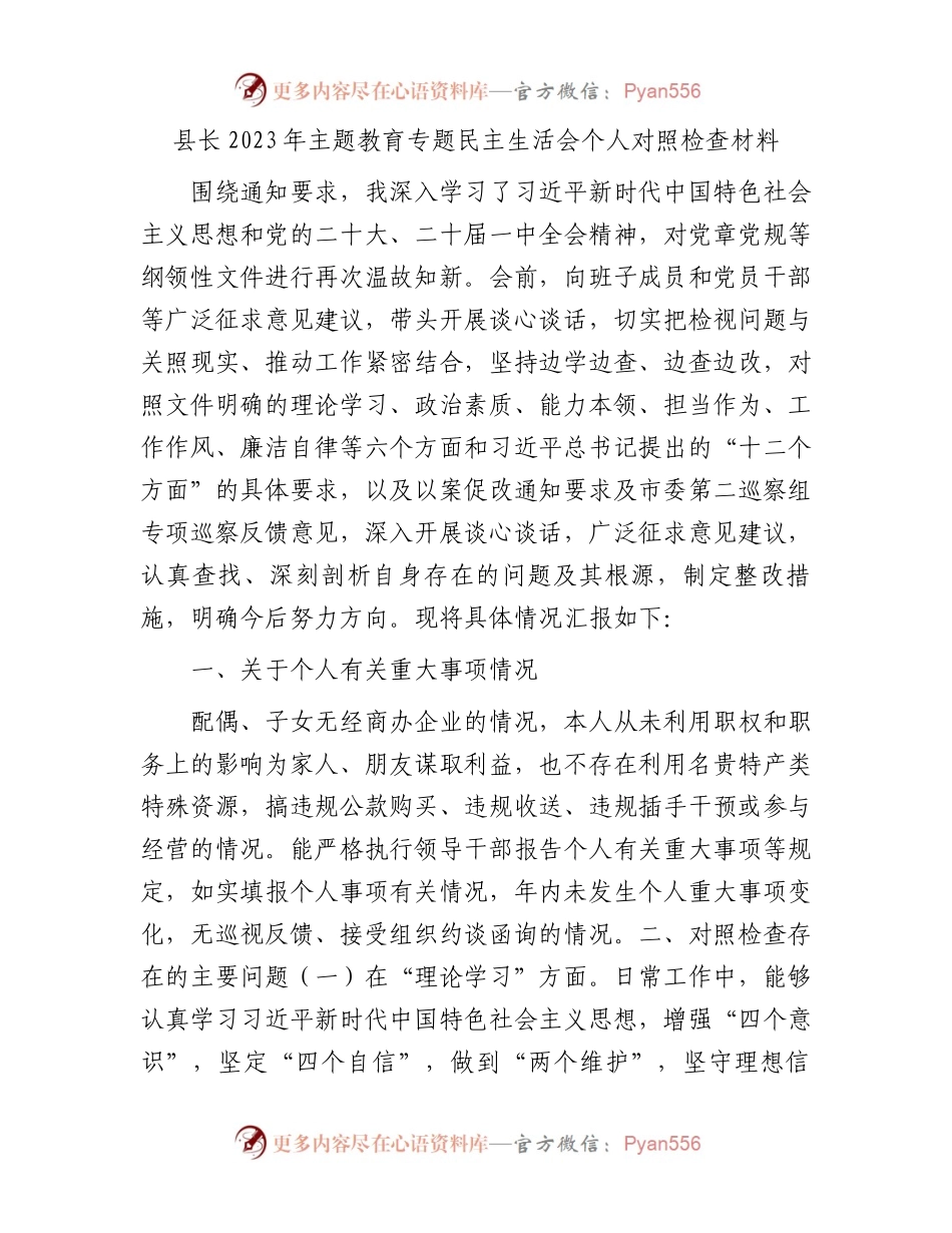 县长2023年主题教育专题民主生活会个人对照检查材料(1).docx_第1页