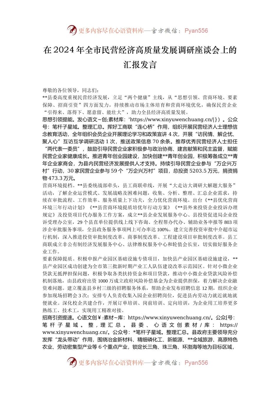 在2024年全市民营经济高质量发展调研座谈会上的汇报发言.docx_第1页