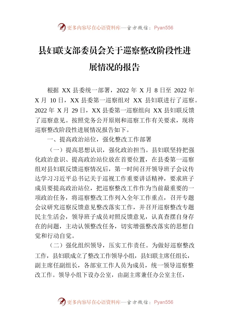 县妇联支部委员会关于巡察整改阶段性进展情况的报告.docx_第1页