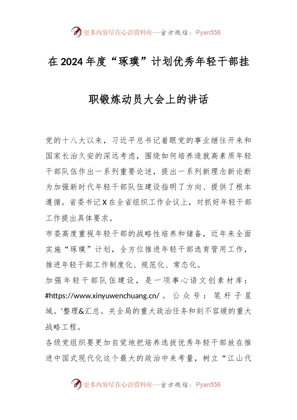 在2024年度“琢璞”计划优秀年轻干部挂职锻炼动员大会上的讲话.docx_第1页
