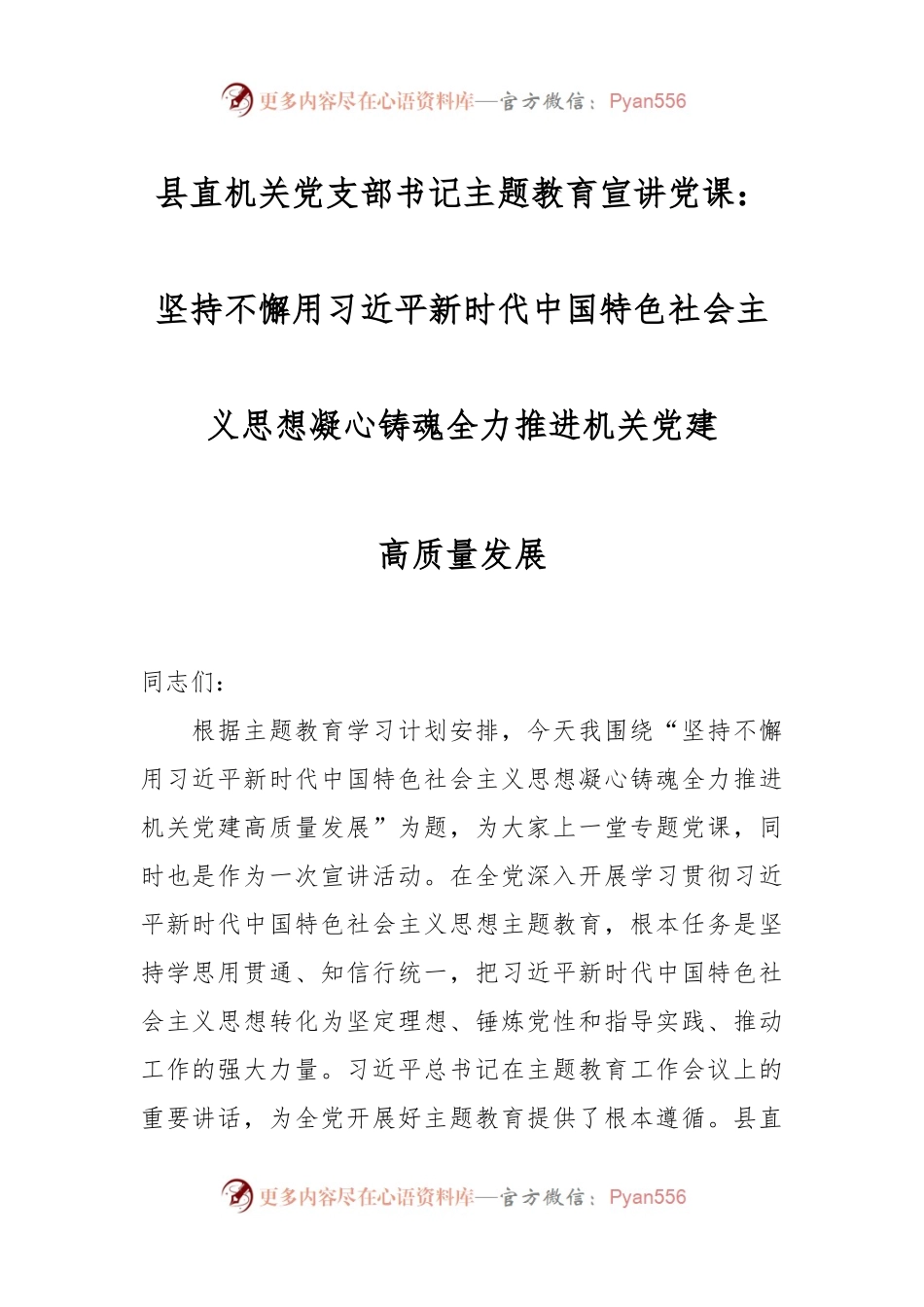 县直机关党支部书记主题教育宣讲党课：坚持不懈用习近平新时代中国特色社会主义思想凝心铸魂全力推进机关党建高质量发展.docx_第1页