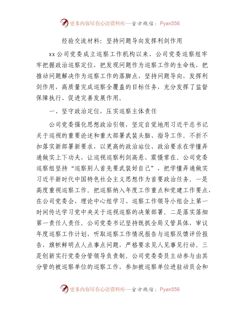 国企巡察经验总结交流：坚持问题导向 发挥利剑作用.docx_第1页