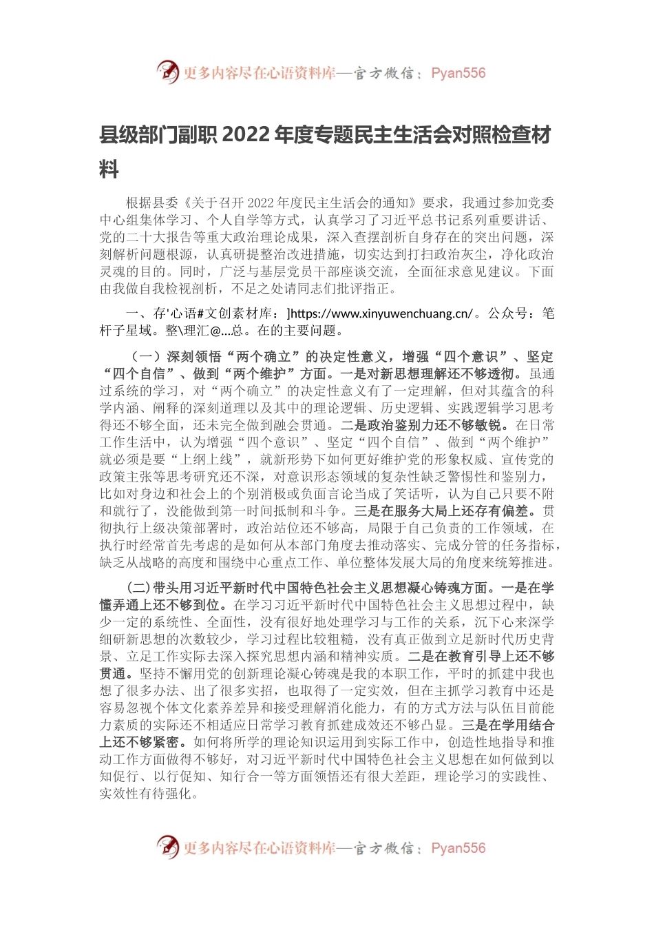 县级部门副职2022年度专题民主生活会对照检查材料.docx_第1页